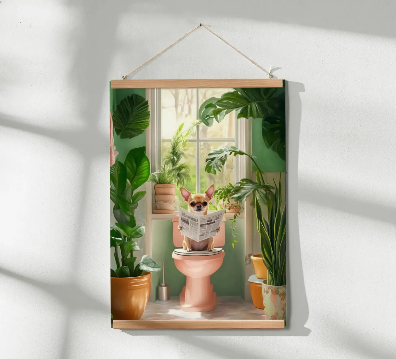 small dog read newspaper on toilet poster con telaio in plastica da panada