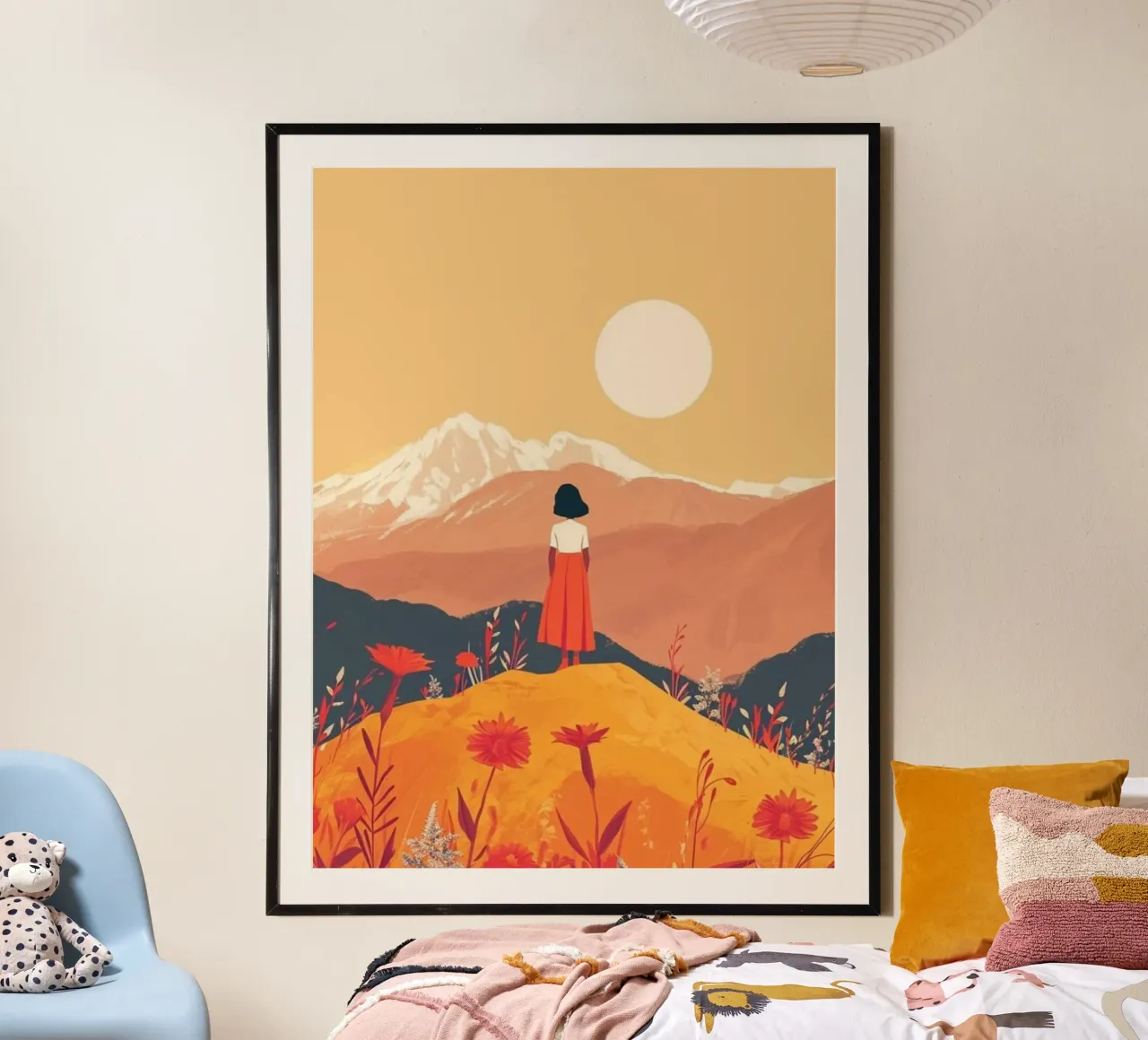 girl stand and viewing the sun poster con telaio in legno da huminity