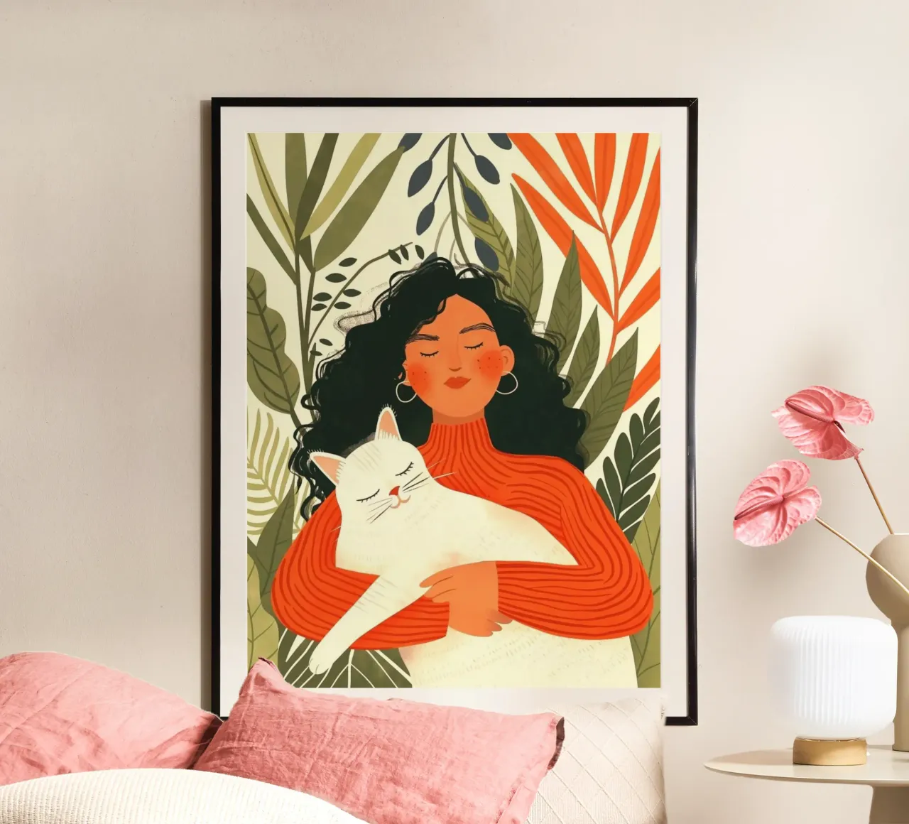 girl and cat in nature poster con telaio in legno da huminity