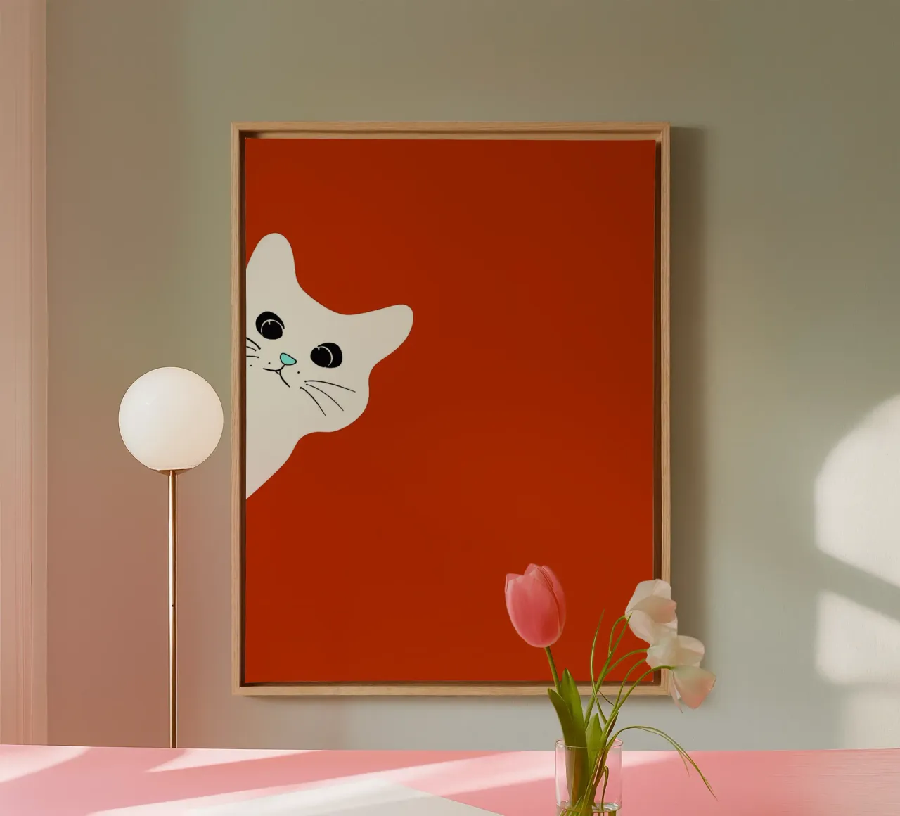White Cat on Red Background canvas with Floater frame by Misaki Yamaguchi