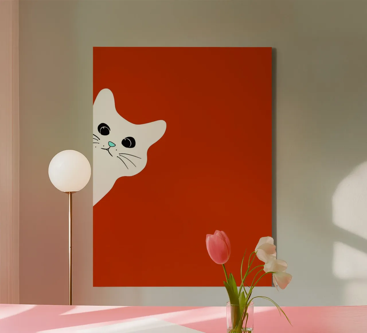 White Cat on Red Background canvas with Floater frame by Misaki Yamaguchi