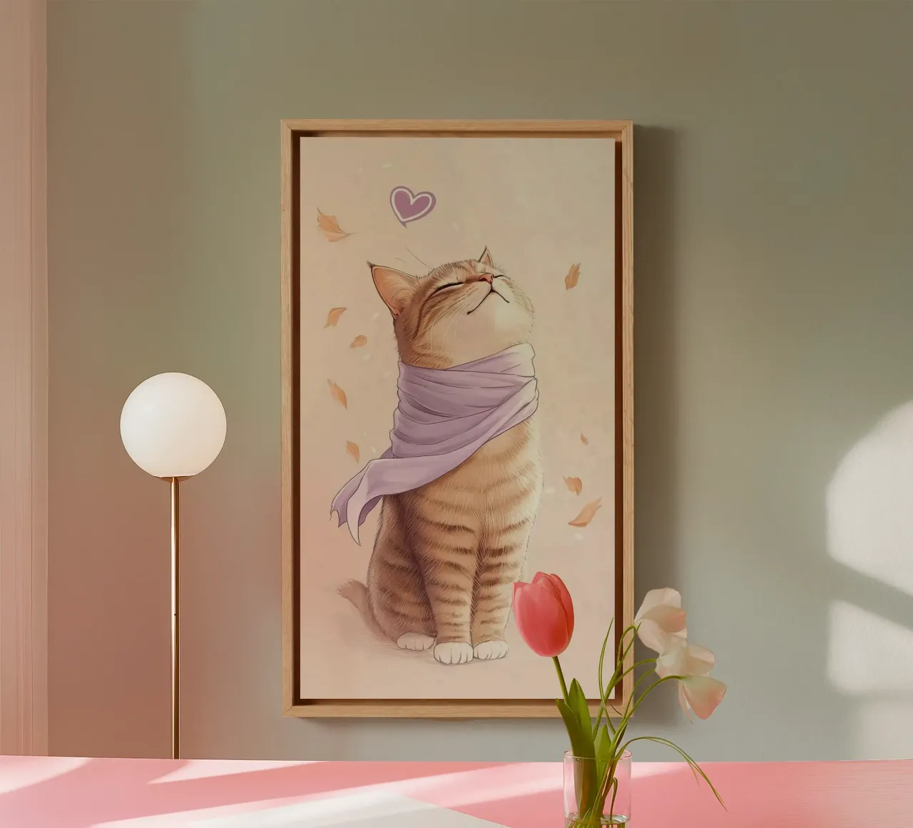 cat with pink tela con Cornice a cassetta da hamily