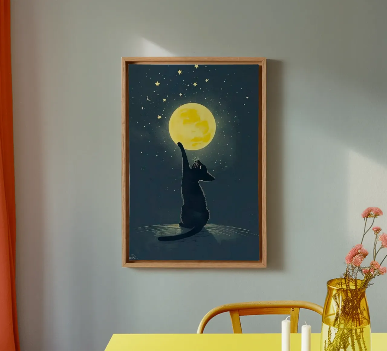 cat with moon canvas with Floater frame by hamily