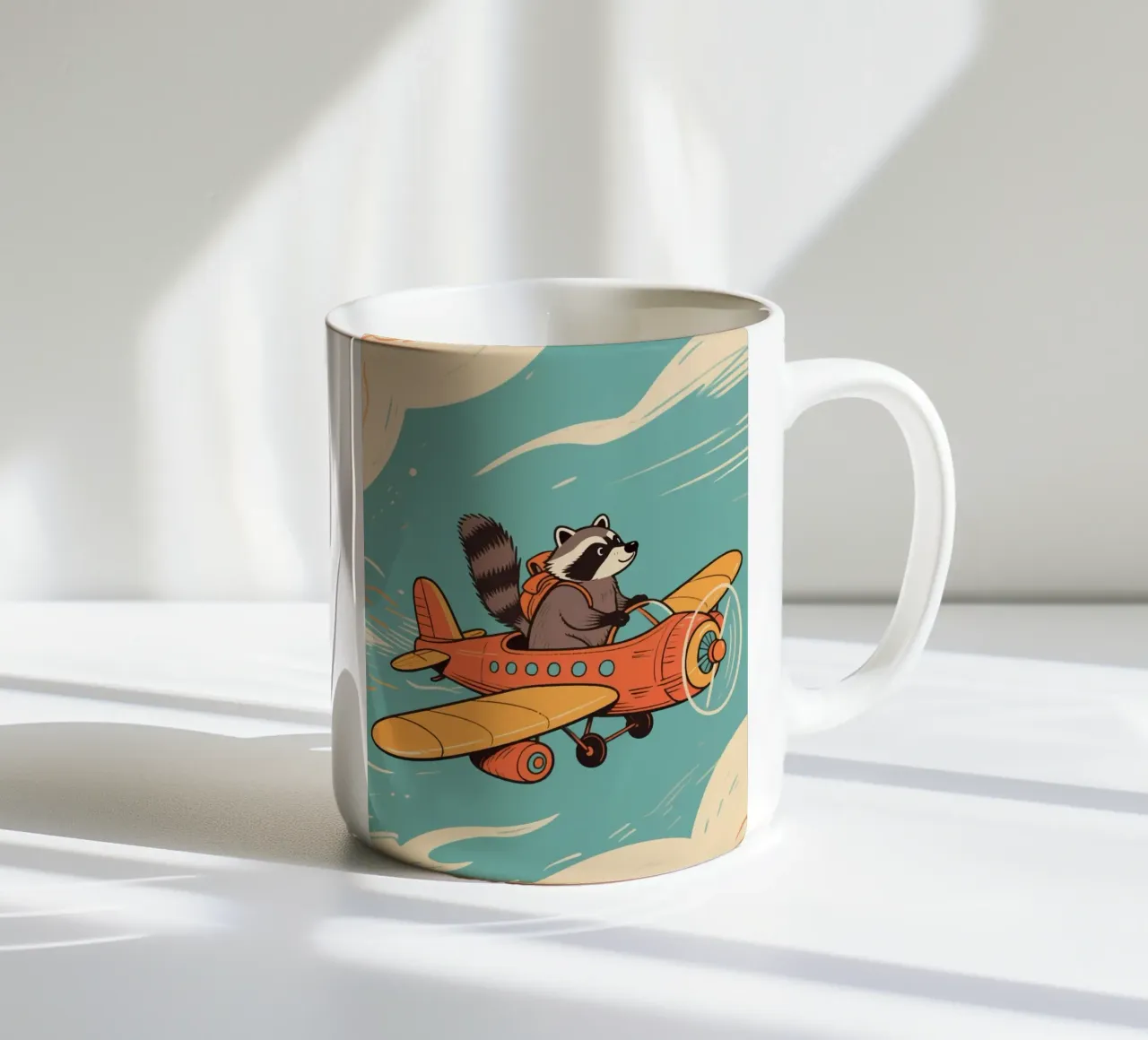 funny raccoon with plane tazza in ceramica da knowledge