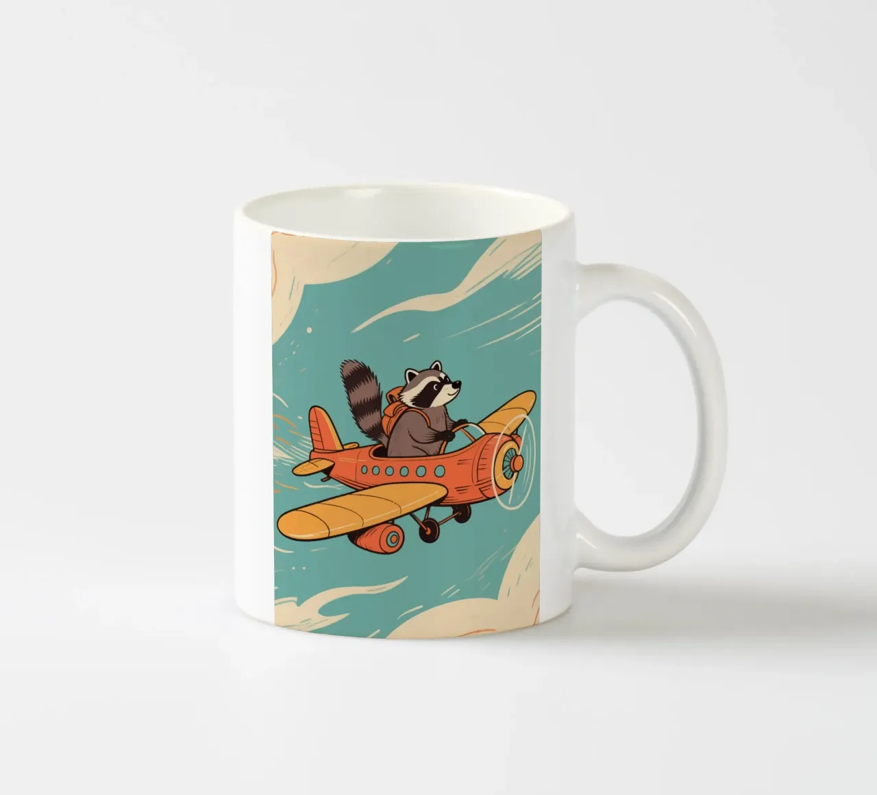 funny raccoon with plane tazza in ceramica da knowledge