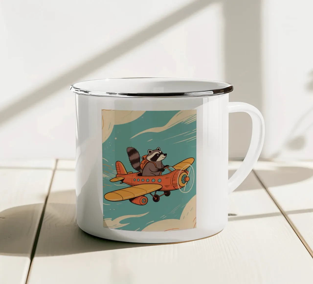 funny raccoon with plane tazza in smalto da knowledge