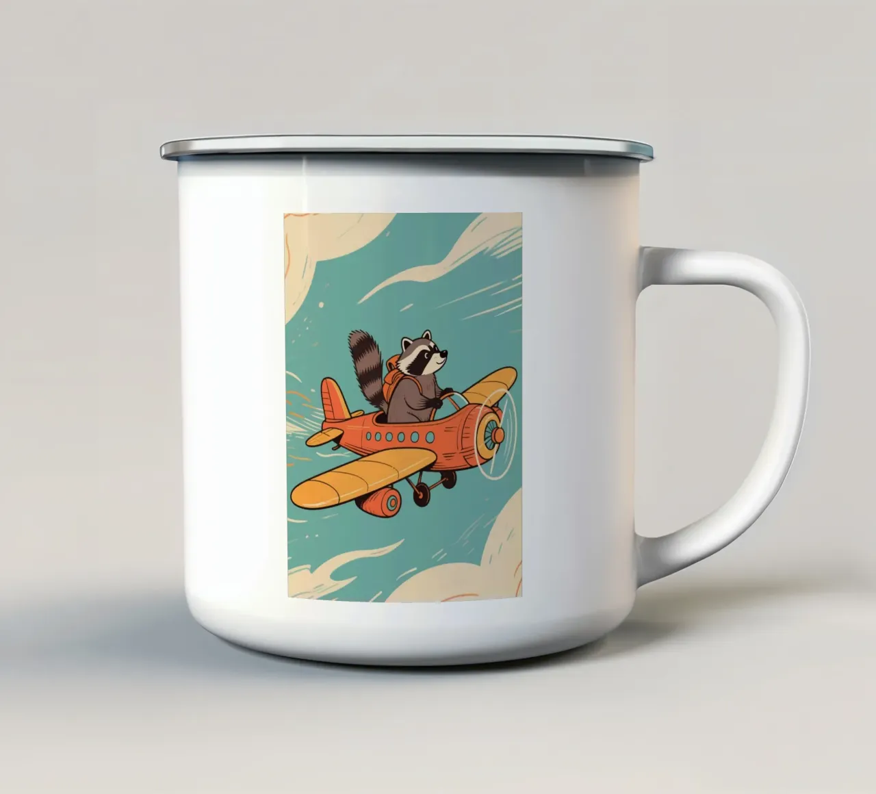 funny raccoon with plane tazza in smalto da knowledge