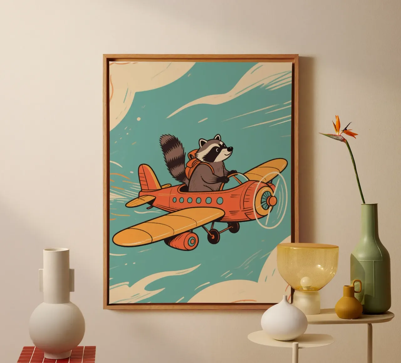 funny raccoon with plane tela con Cornice a cassetta da knowledge