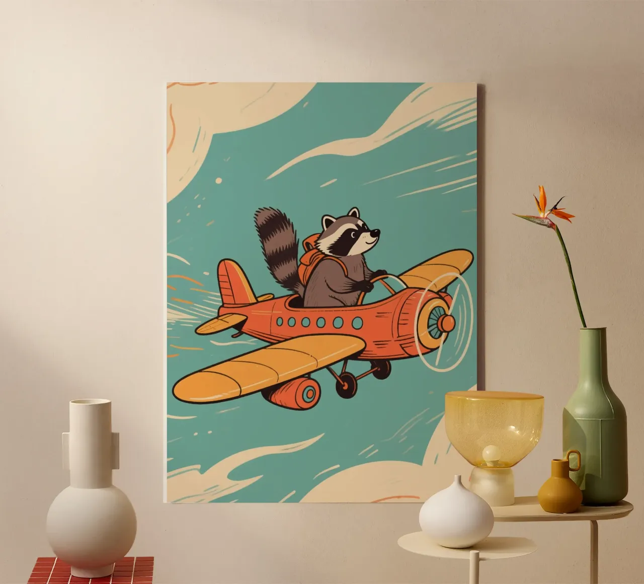 funny raccoon with plane tela con Cornice a cassetta da knowledge