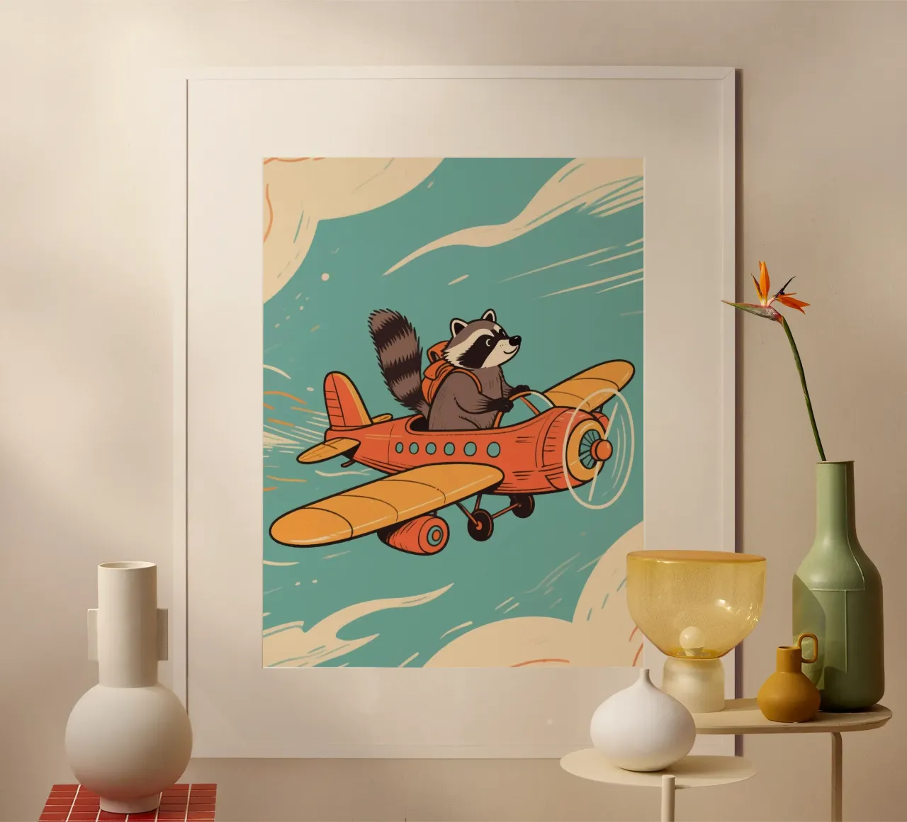 funny raccoon with plane poster con telaio in plastica da knowledge