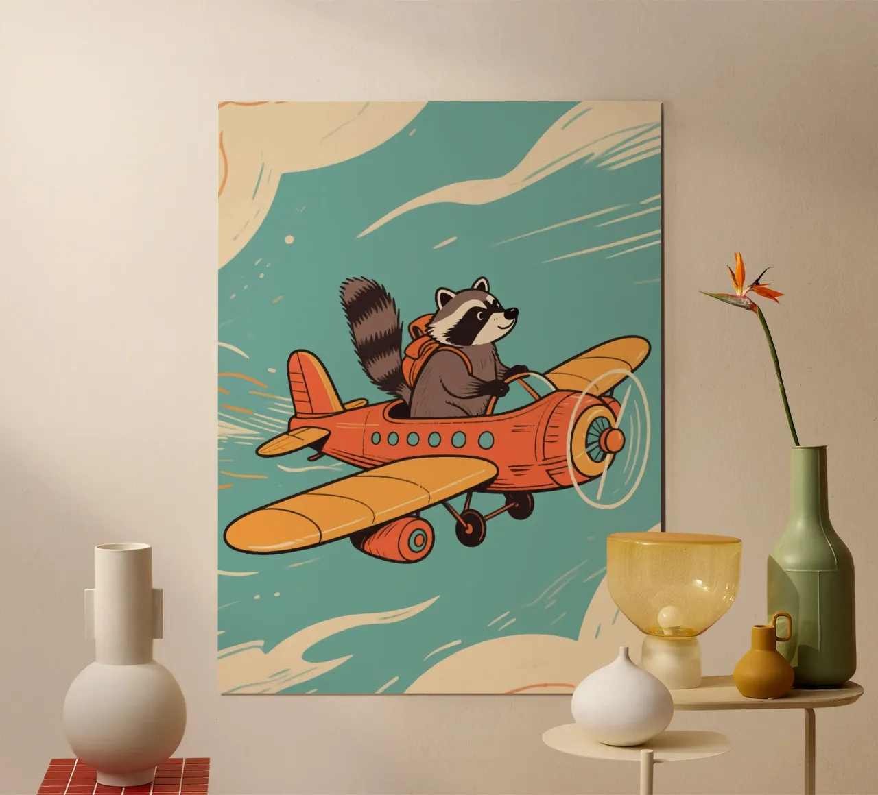 funny raccoon with plane poster con telaio in plastica da knowledge