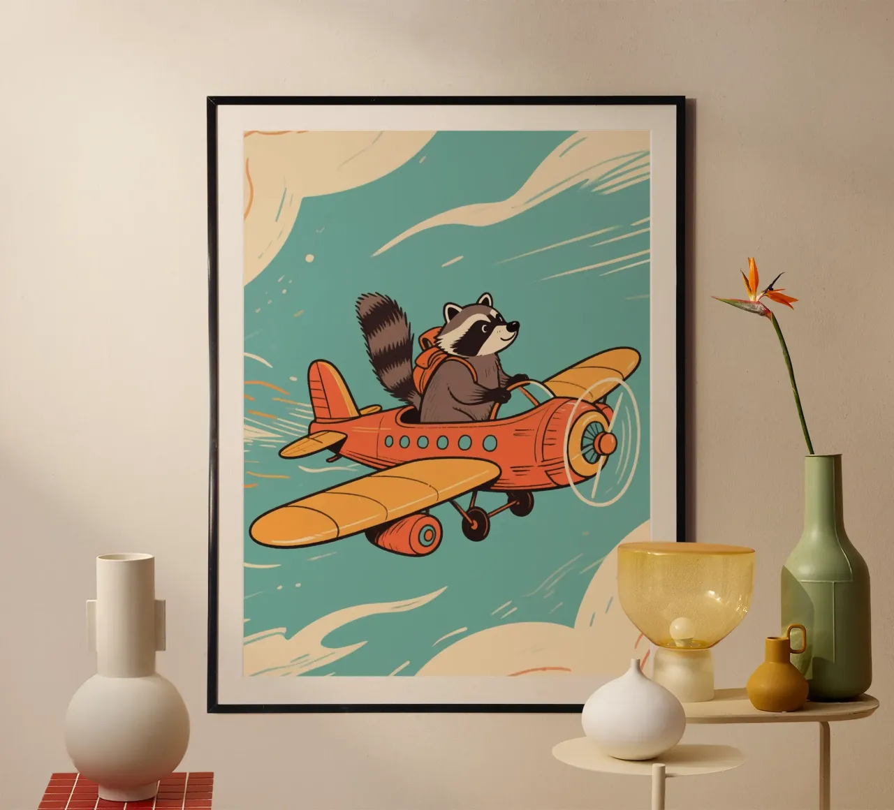 funny raccoon with plane poster con telaio in plastica da knowledge
