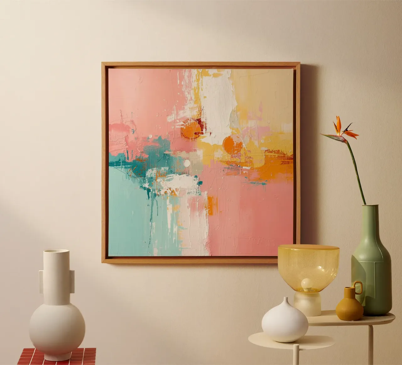 Pastellpoesie – Abstrakte Malerei in Rosa, Lachs & Türkis canvas with Floater frame by Grünkraftwerk