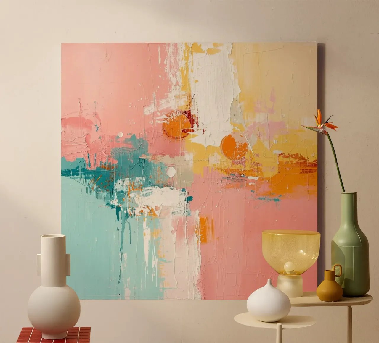 Pastellpoesie – Abstrakte Malerei in Rosa, Lachs & Türkis canvas with Floater frame by Grünkraftwerk