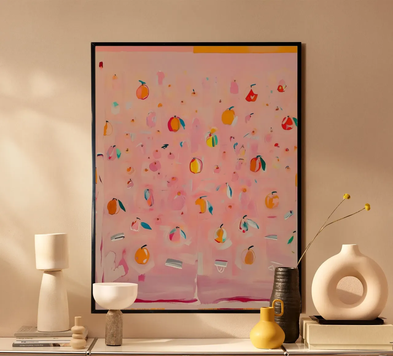 Rosa Minimalismus – Abstrakte Orangenkunst poster con telaio in legno da Grünkraftwerk