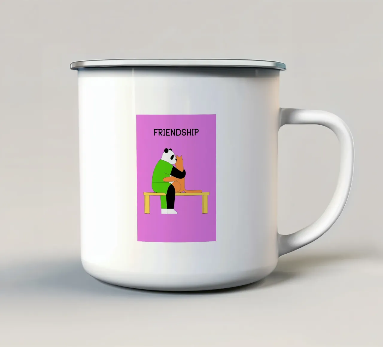 Panda che abbraccia un gatto tazza in smalto da OUR SHOP