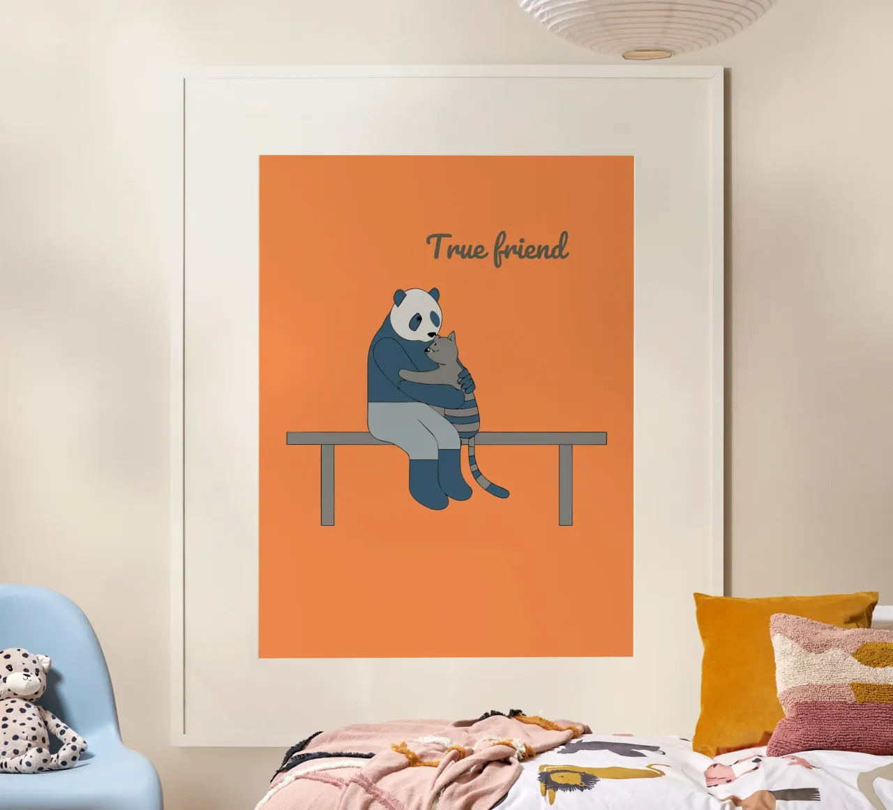 Panda che abbraccia un gatto poster con telaio in legno da OUR SHOP