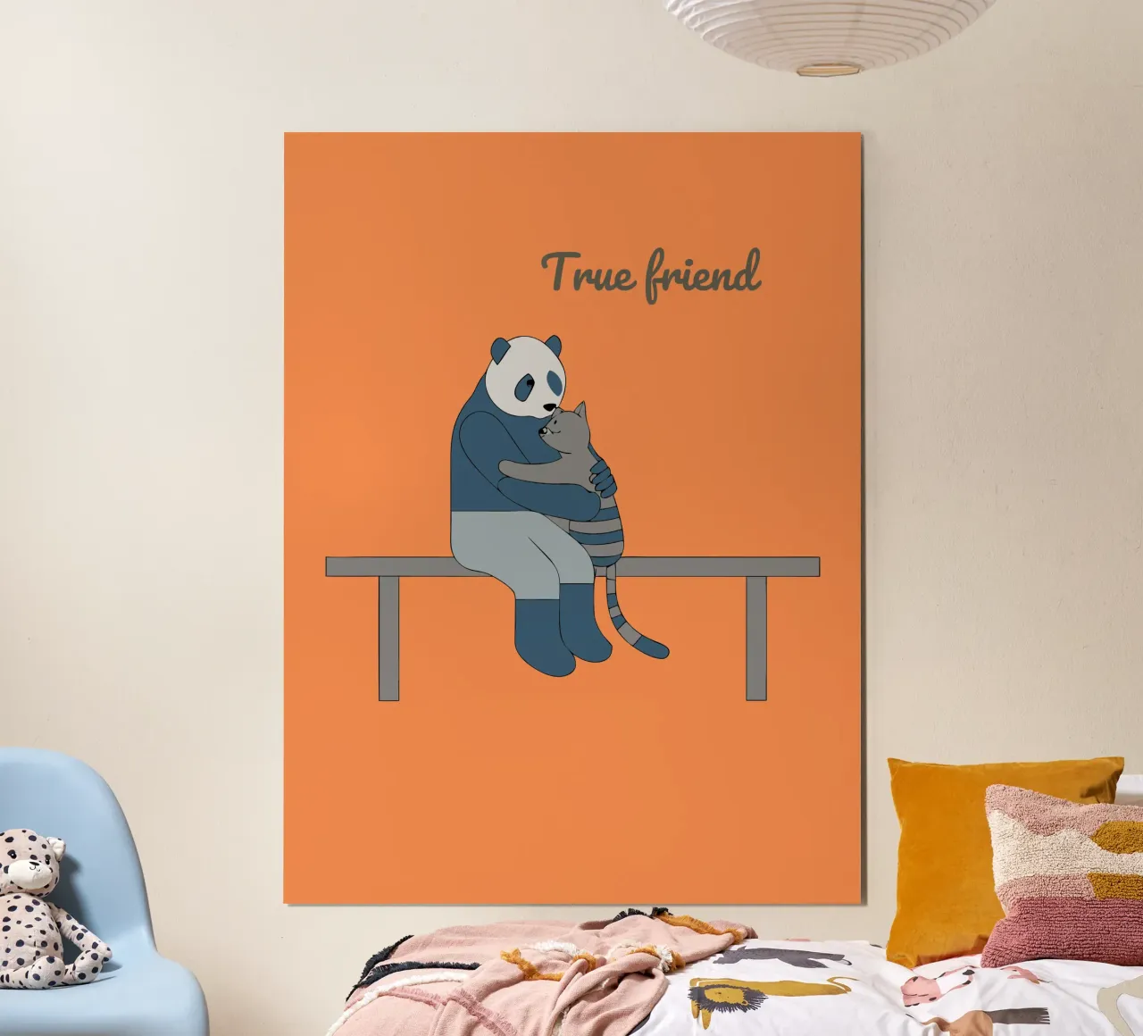 Panda che abbraccia un gatto poster con telaio in legno da OUR SHOP