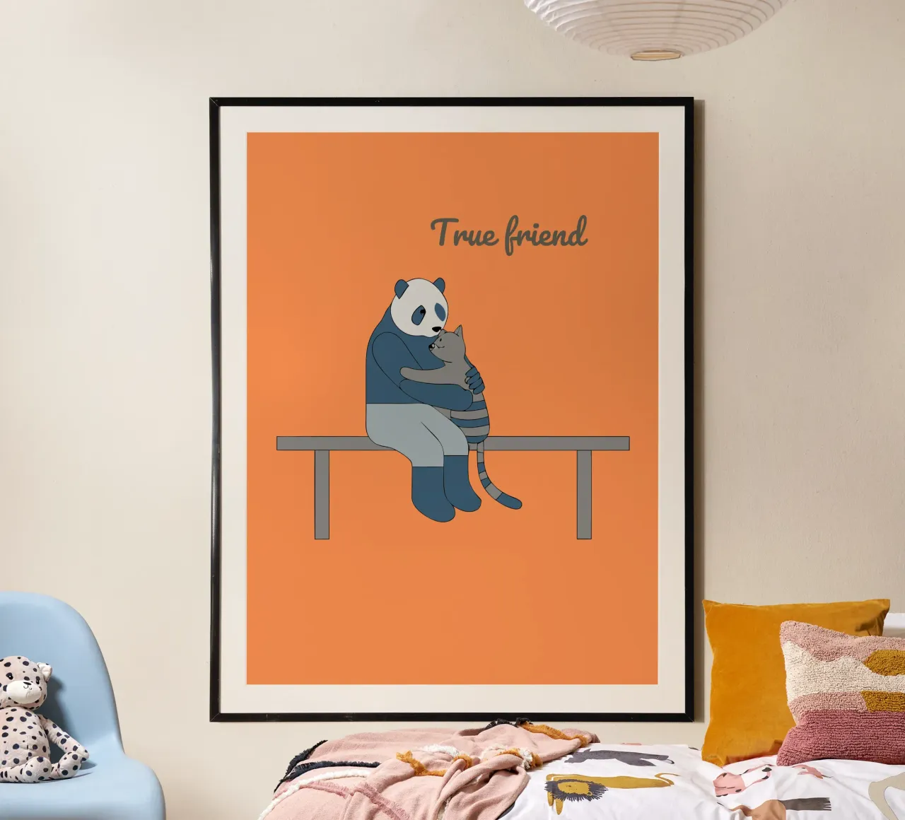 Panda che abbraccia un gatto poster con telaio in legno da OUR SHOP