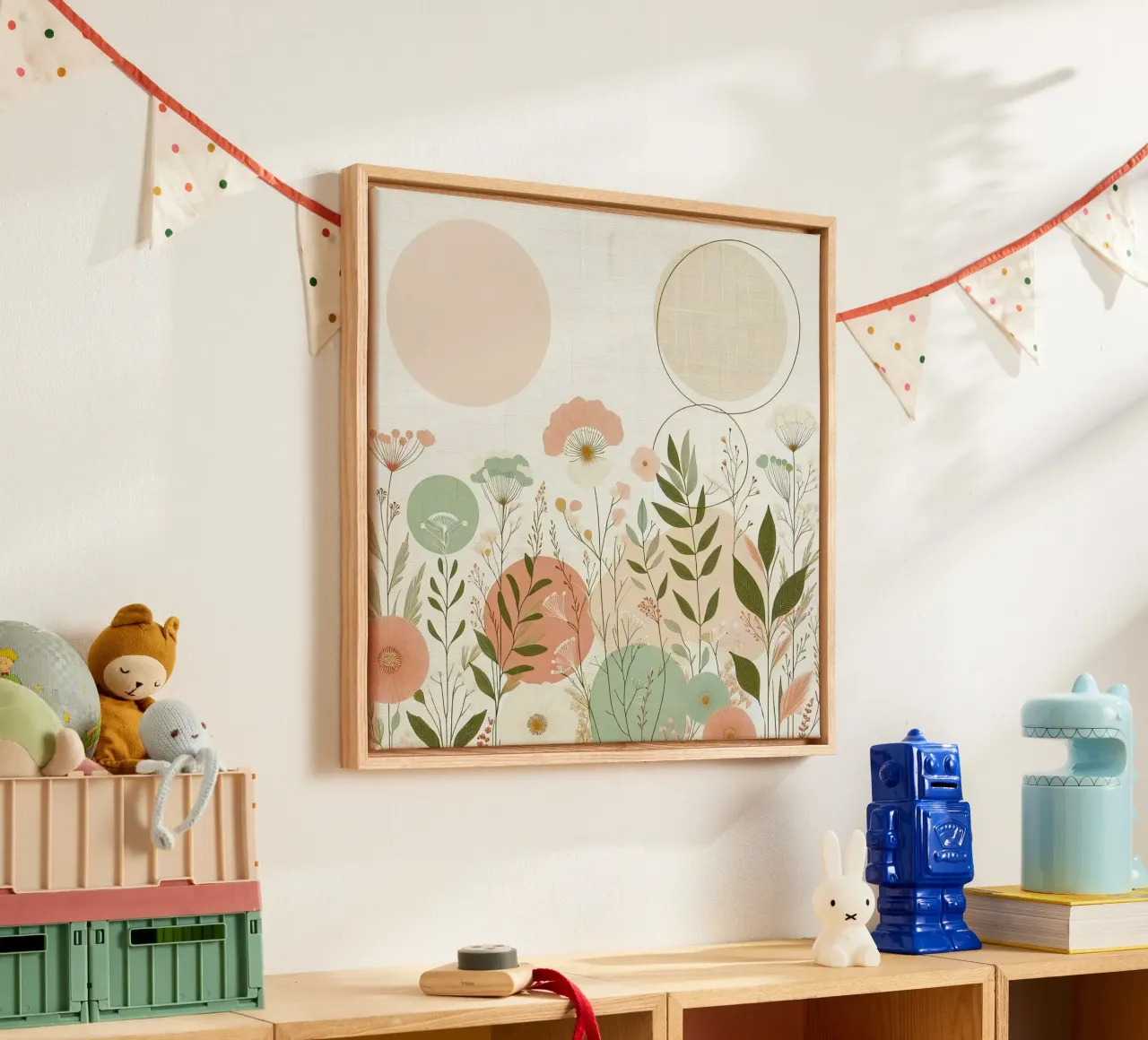 line and circle in forest of branch canvas with Floater frame by miracle