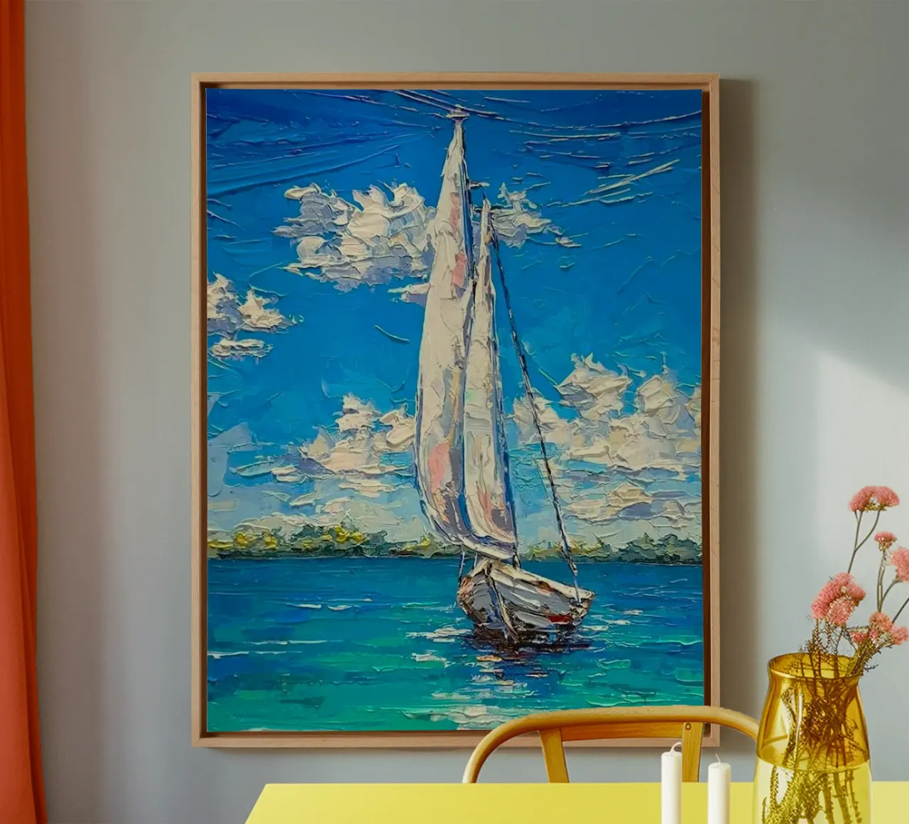 art boat on ocean canvas with Floater frame by miracle