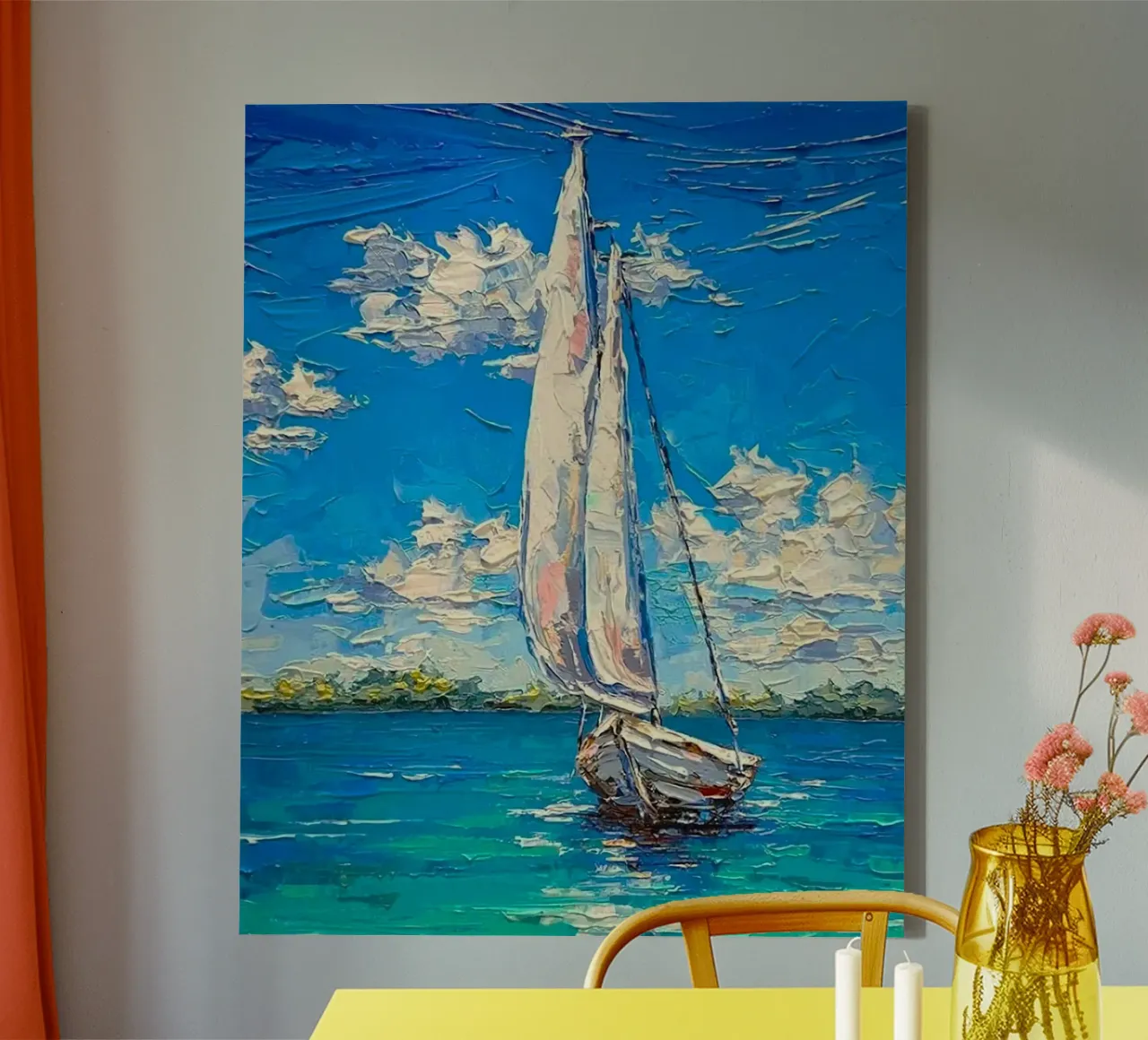 art boat on ocean canvas with Floater frame by miracle