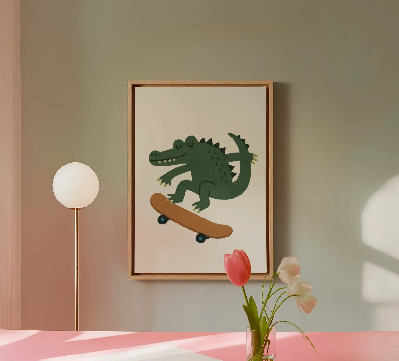 Aligator Skateboarding, stampa per cameretta, decorazione per stanza da gioco per ragazzi tela con Cornice a cassetta da Little Lola