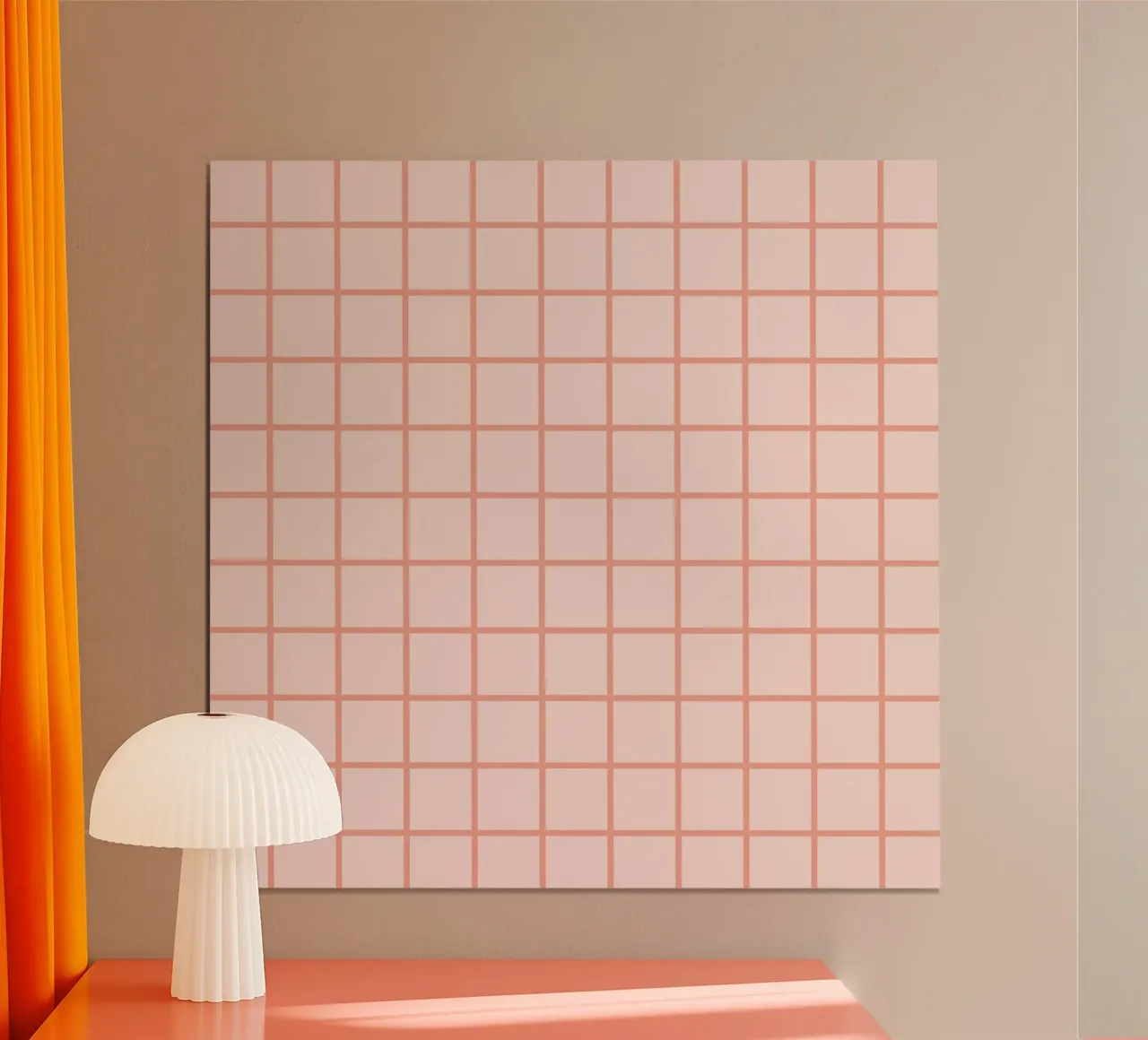 Peach Grid Pattern poster with wooden frame by Paigaam Studio