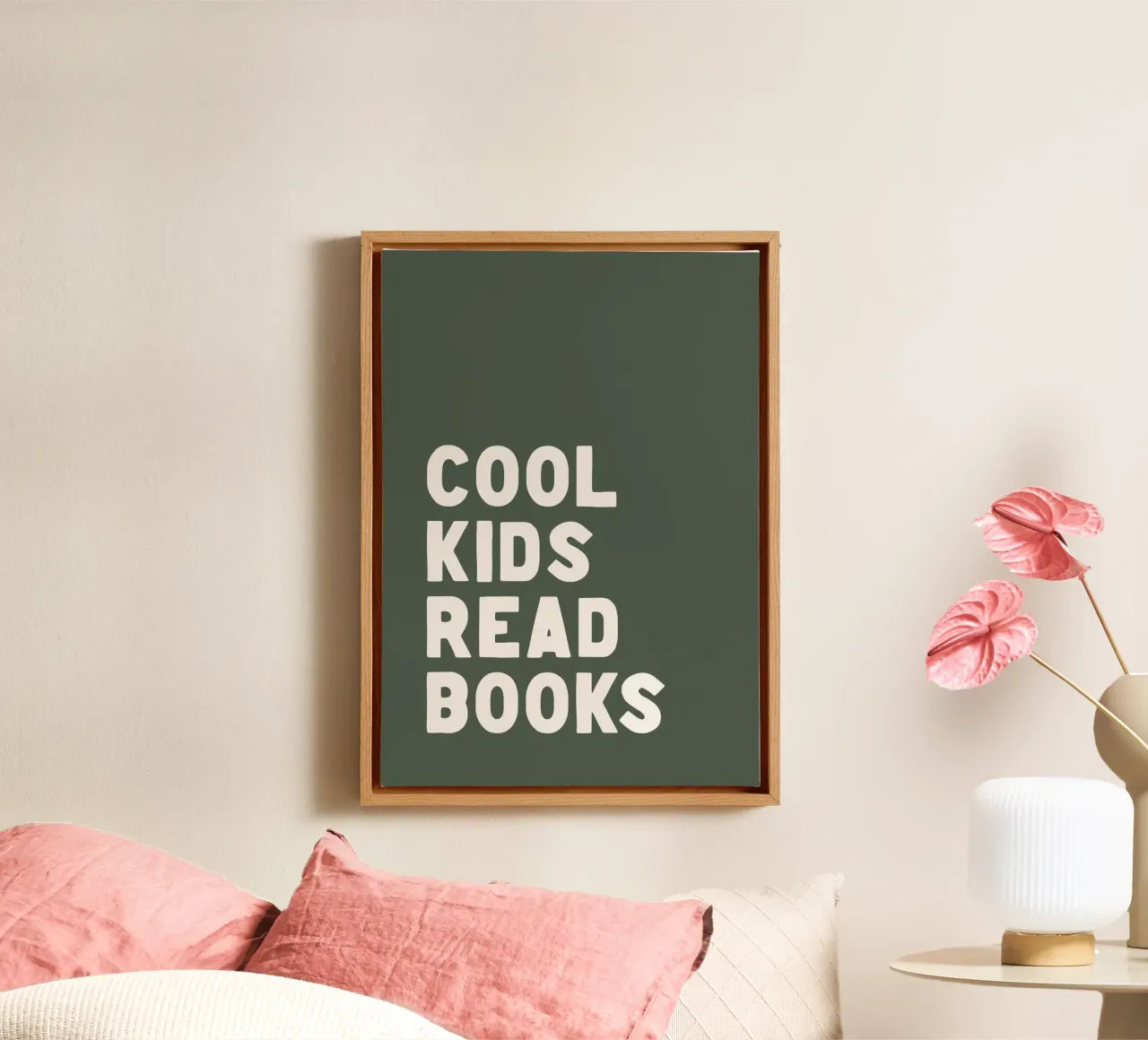 Nursery Print, Cool Kids Read Books, Green Playroom Poster canvas with Floater frame by Little Lola