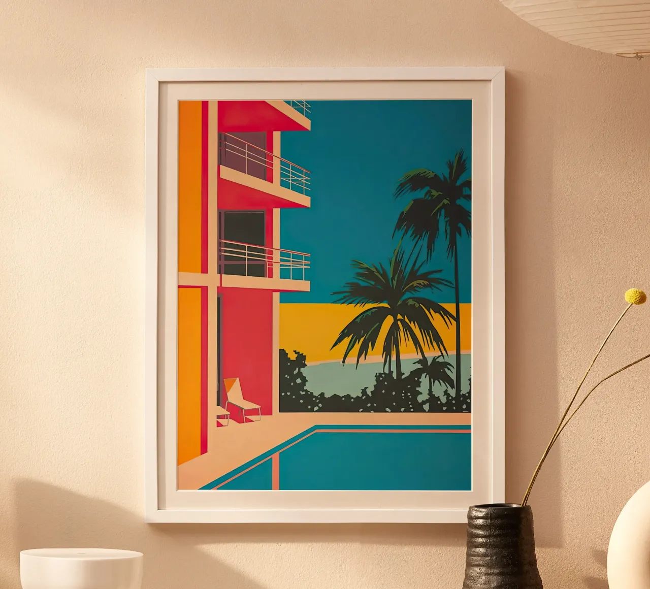 Palm Trees In The Swimming Pool poster con telaio in legno da Leonard Barreiro