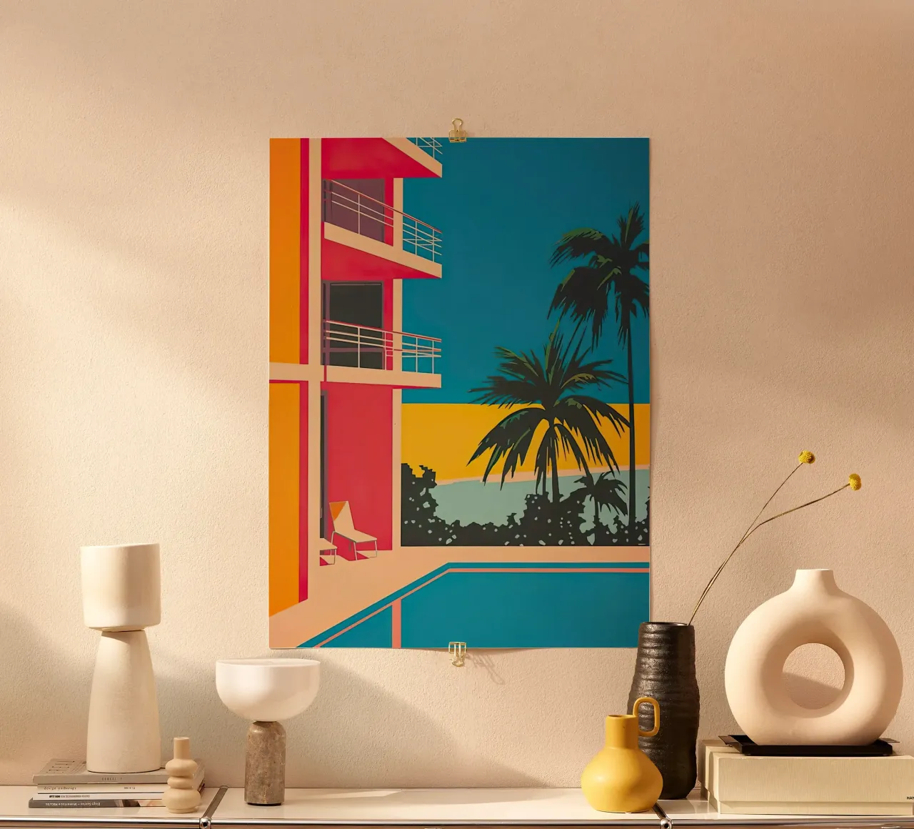 Palm Trees In The Swimming Pool poster con telaio in legno da Leonard Barreiro