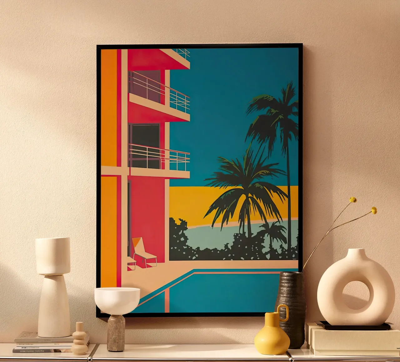 Palm Trees In The Swimming Pool poster con telaio in legno da Leonard Barreiro