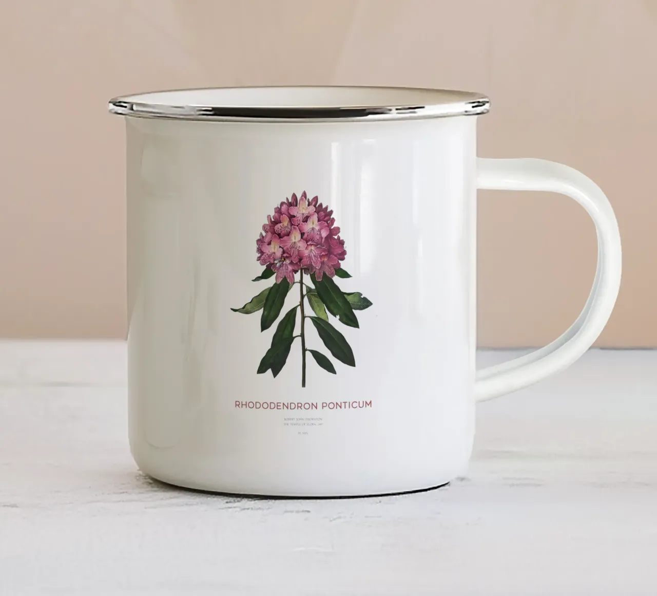 Disegno botanico del fiore di rododendro rosa tazza in smalto da Vintagrafica
