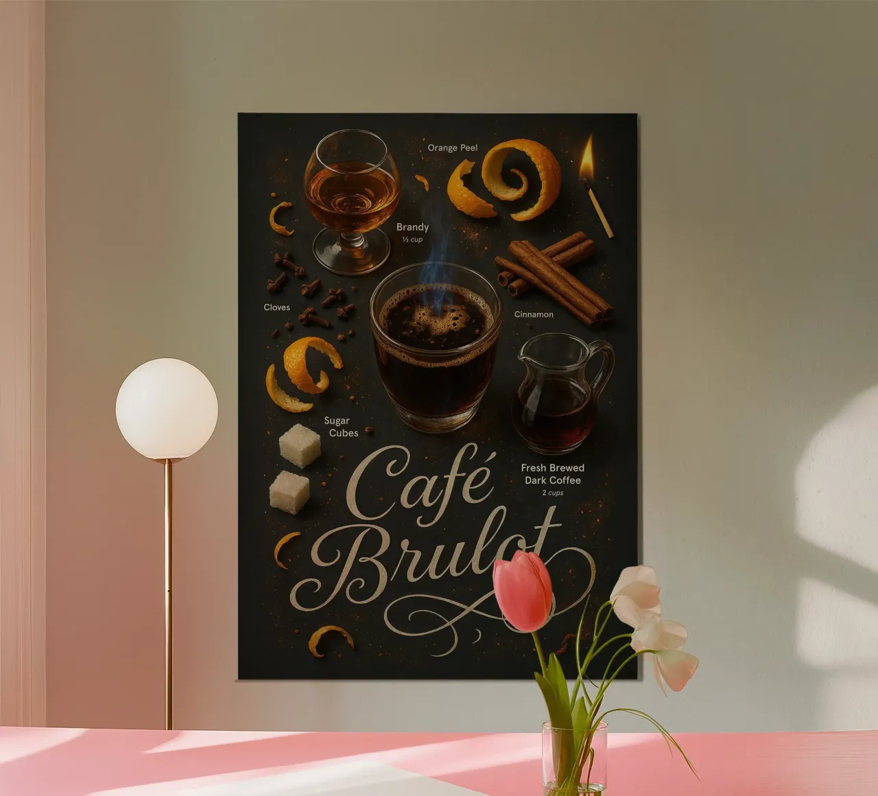 Poster del Café Brûlot - Cocktail di caffè al brandy speziato e piccante poster da mesa
