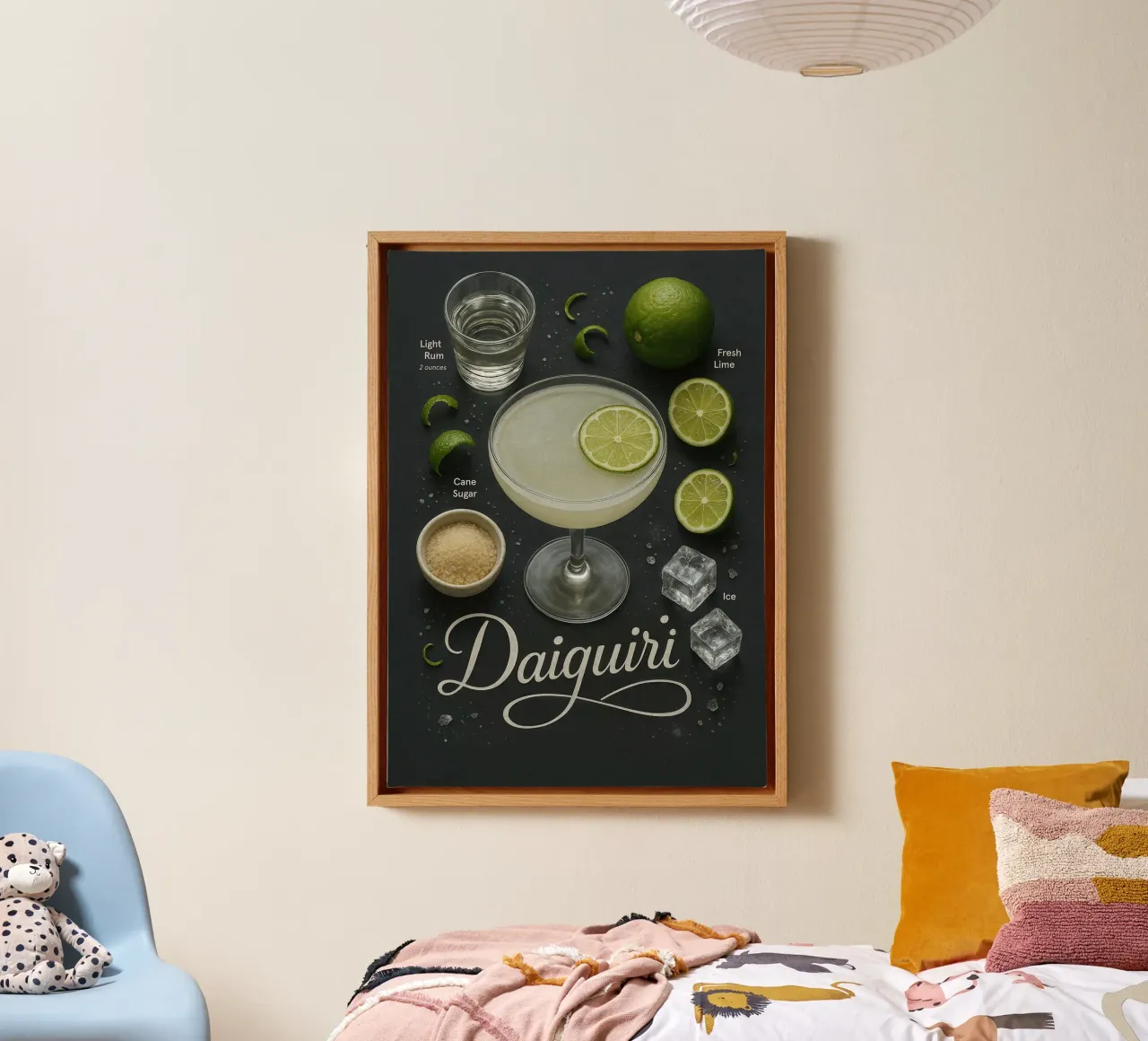 Poster per cocktail Daiquiri - Ricetta con rum e lime tela con Cornice a cassetta da mesa