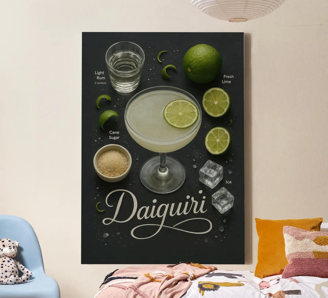 Poster per cocktail Daiquiri - Ricetta con rum e lime tela con Cornice a cassetta da mesa