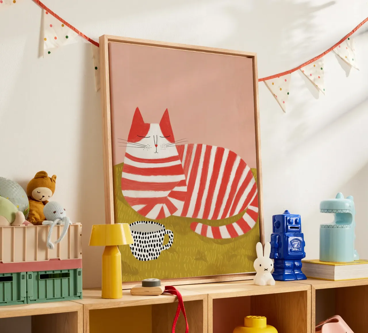 Gatto tigrato rosso a colazione | Poster della cucina con amici gatti tela con Cornice a cassetta da Autofocus
