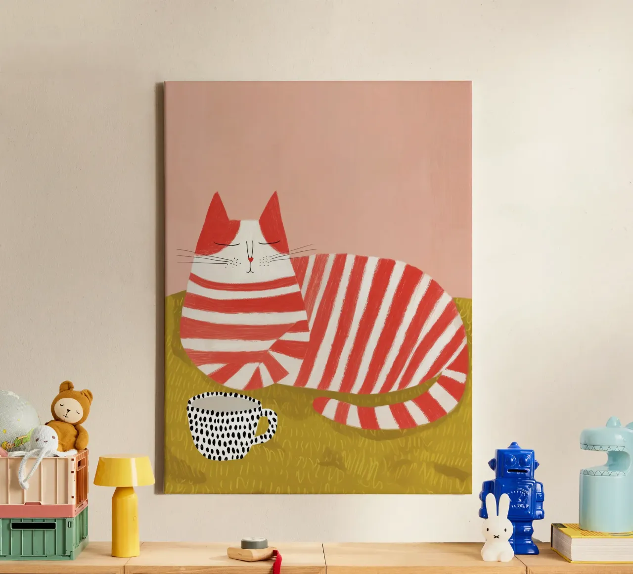 Gatto tigrato rosso a colazione | Poster della cucina con amici gatti tela con Cornice a cassetta da Autofocus