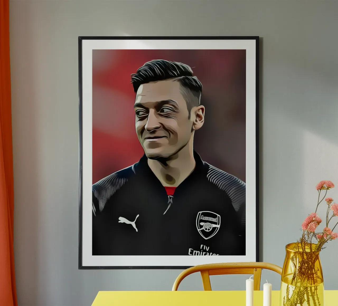 Mesut Özil - Giocatore di calcio dell'Arsenal in giacca nera poster con telaio in legno da dark eagle