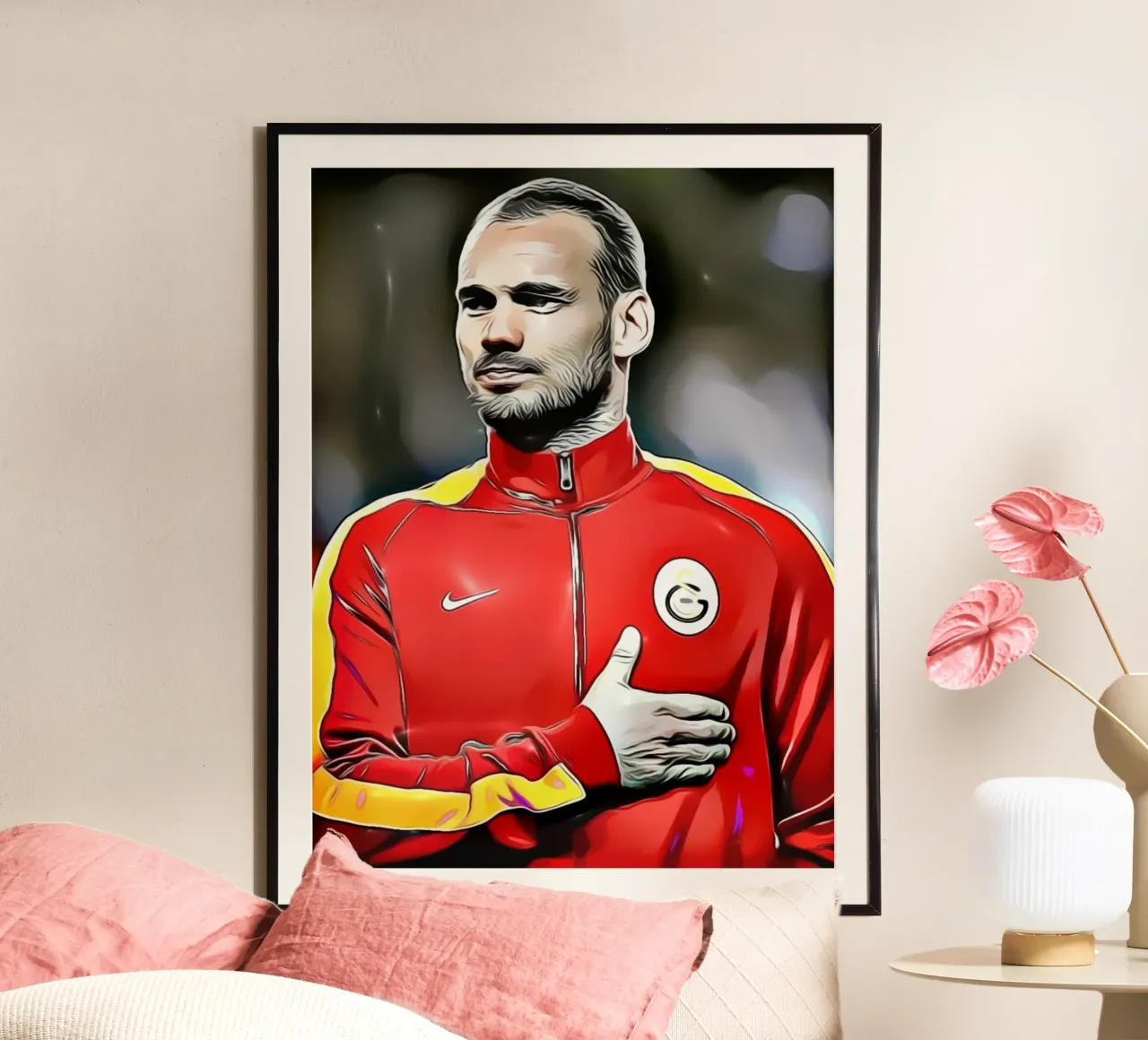 Wesley Sneijder - Giocatore di calcio nel Galatasaray poster con telaio in legno da dark eagle
