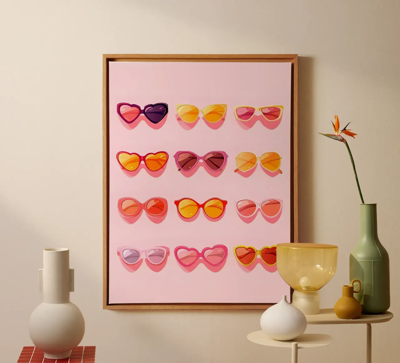 Sunglasses Collection on Pink Background canvas with Floater frame by Leon B Feierabend