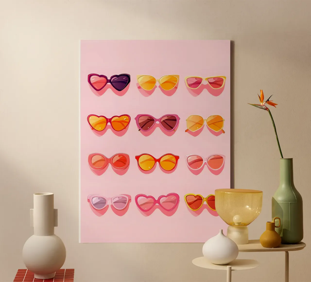 Sunglasses Collection on Pink Background canvas with Floater frame by Leon B Feierabend