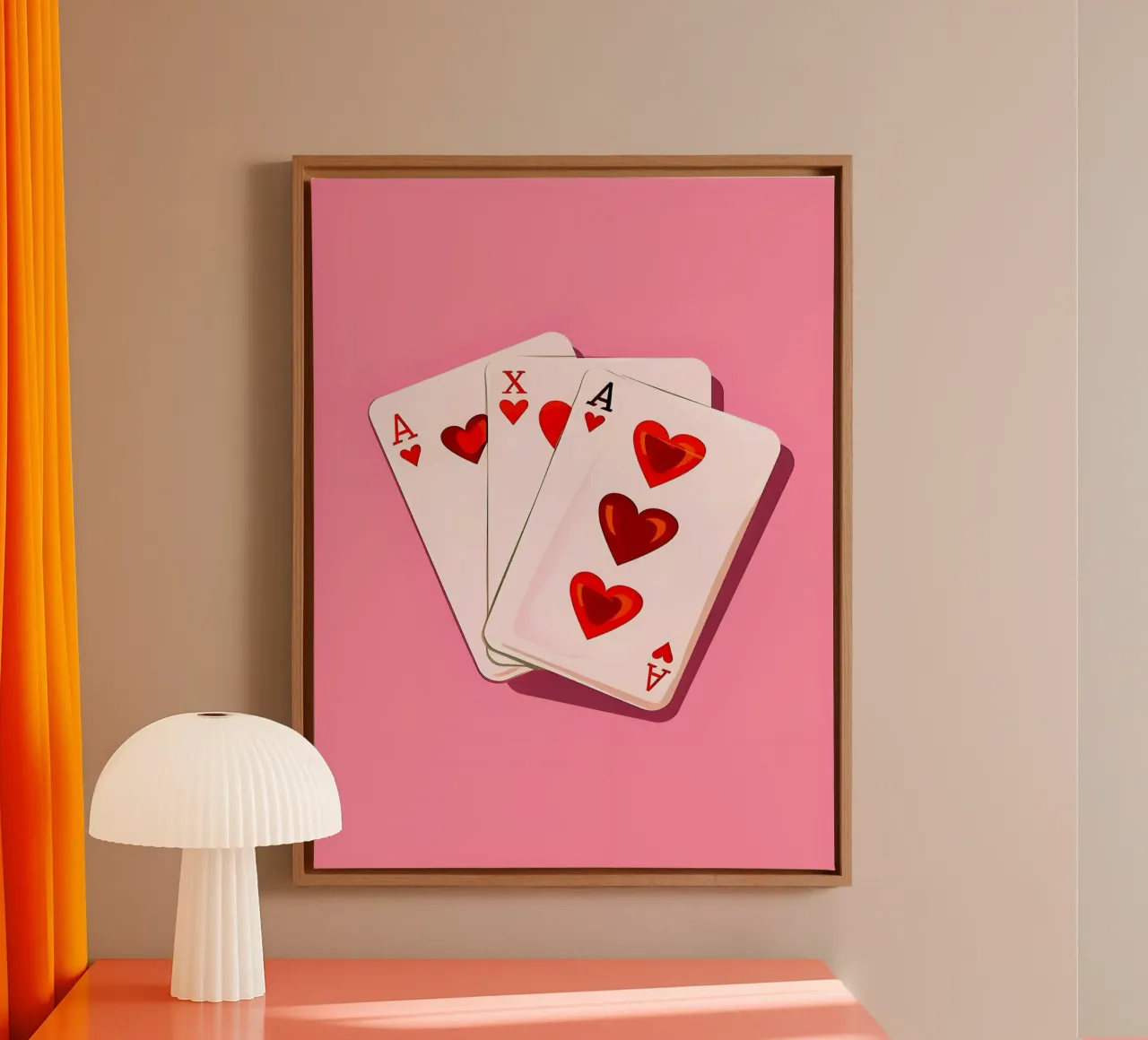 Playing Cards with Hearts on Pink canvas with Floater frame by Leon B Feierabend