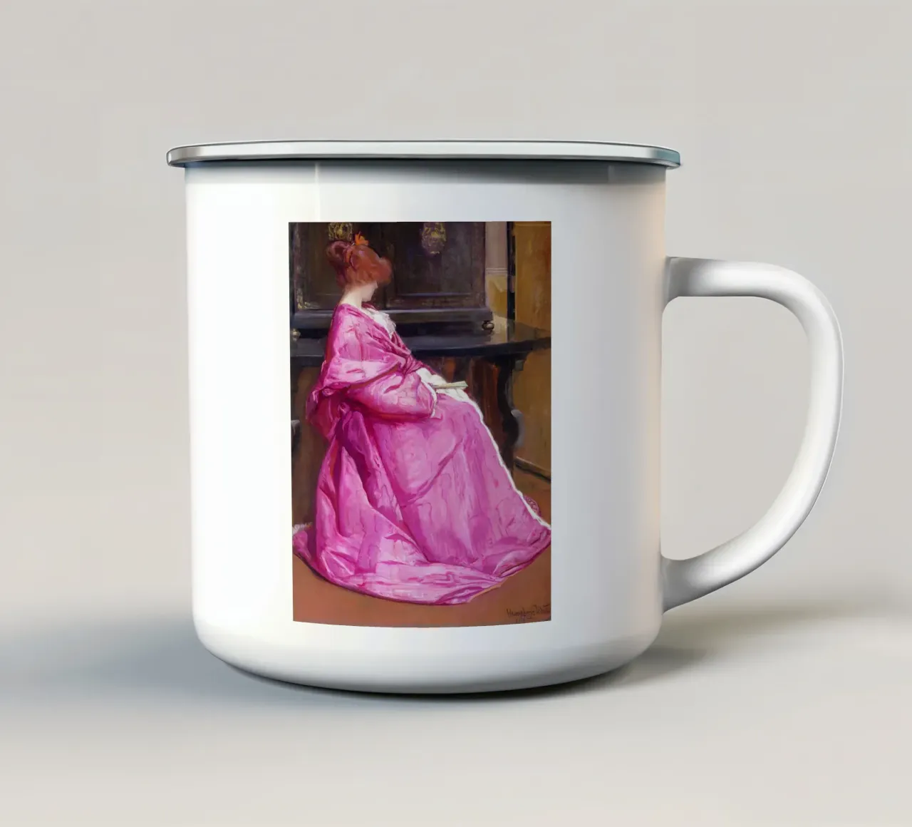 Henri Gervex – Le Domino Rose (1885) tazza in smalto da Classic Art Prints