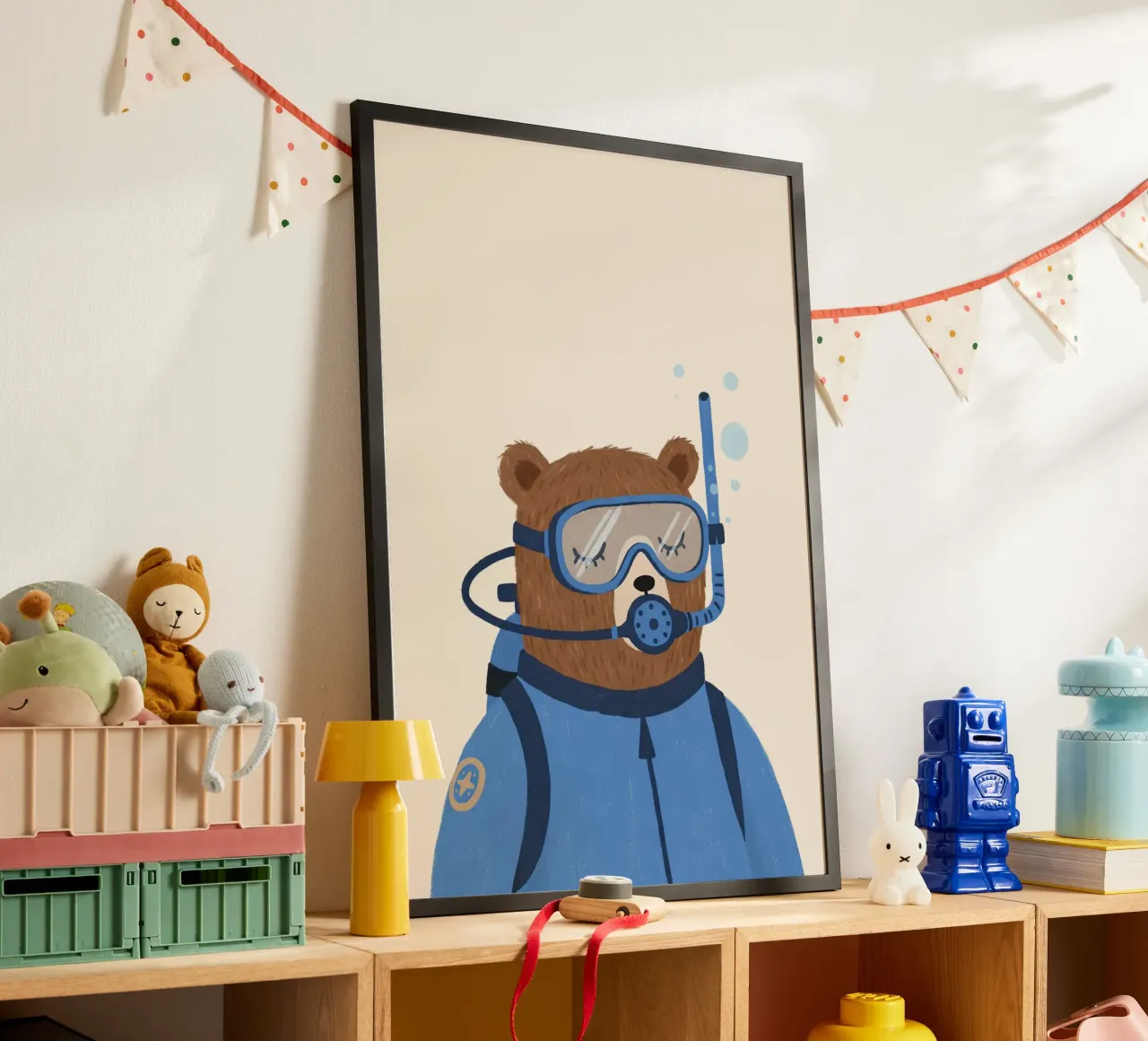 Decorazioni per la stanza dei giochi, stampa dell'orso subacqueo, arte per la cameretta dei bambini poster con telaio in alluminio da Little Lola