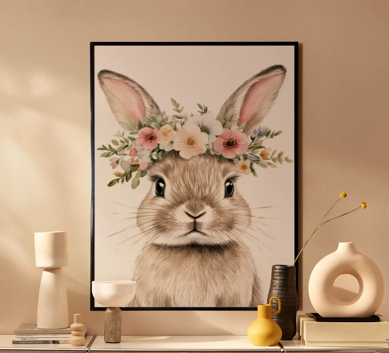 Coniglietto con corona floreale poster con telaio in alluminio da Eldon S Kiser