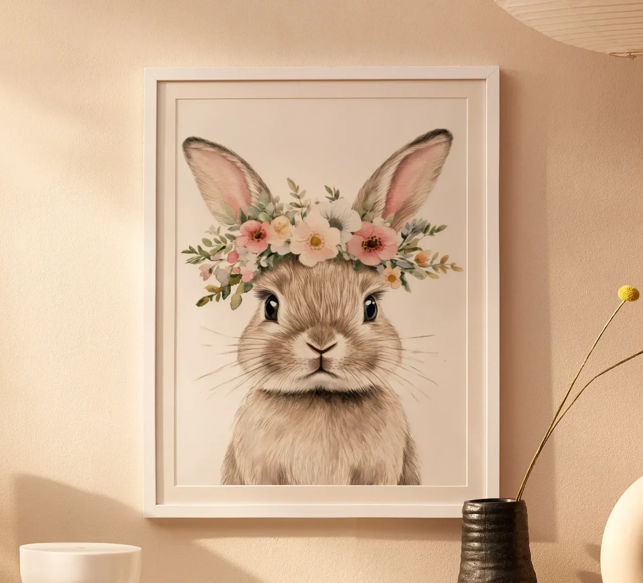 Coniglietto con corona floreale poster con telaio in alluminio da Eldon S Kiser