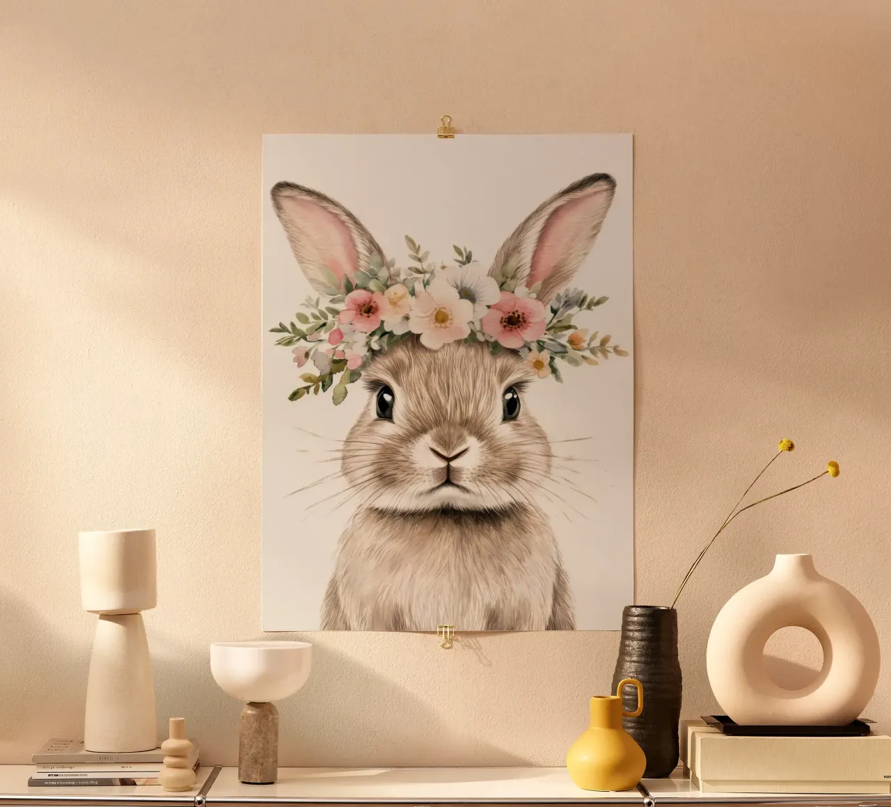 Coniglietto con corona floreale poster con telaio in alluminio da Eldon S Kiser