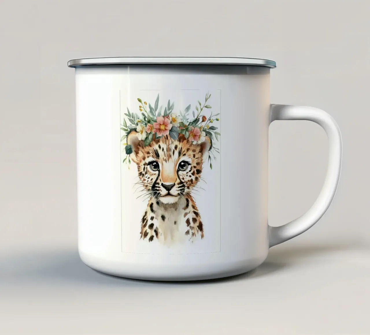 Cucciolo di leopardo con corona floreale tazza in smalto da Eldon S Kiser