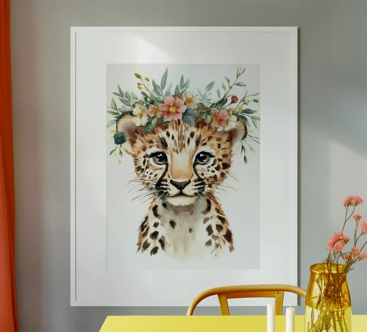 Cucciolo di leopardo con corona floreale poster con telaio in legno da Eldon S Kiser